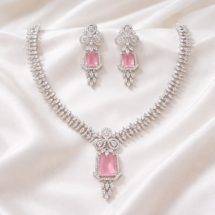 Silver Plated Green American Diamond Necklace Set