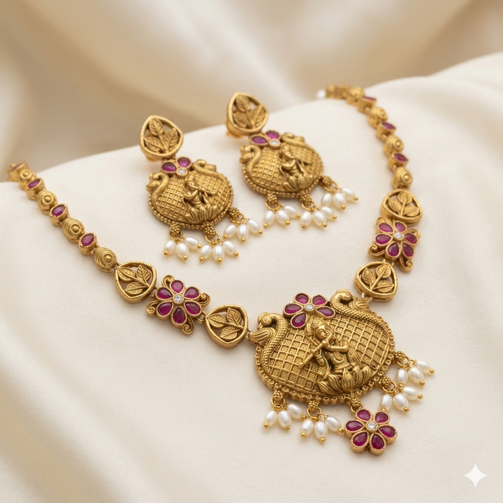 Lord Krishna Design Antique Necklace Set
