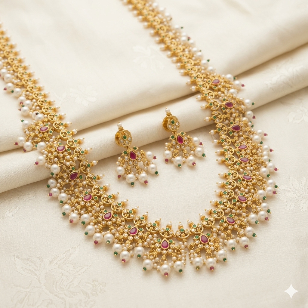 Gold Plated Designer Red-Green Long Necklace Set