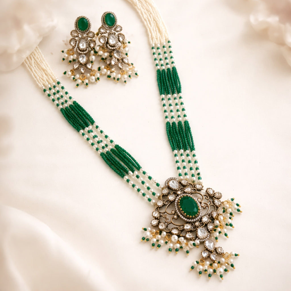 Polki Pendant with Beads Mala