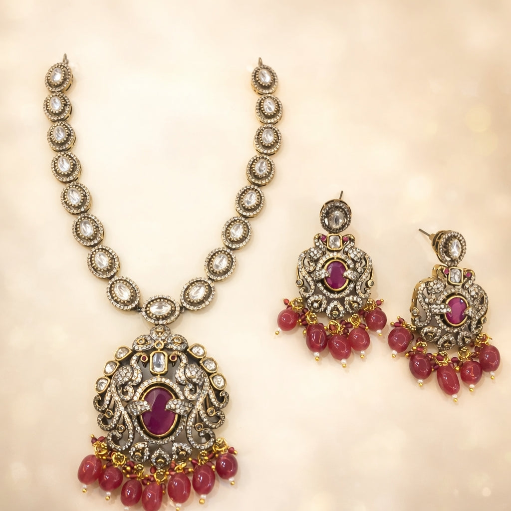 Victorian Finish AD Stones Pendant Necklace