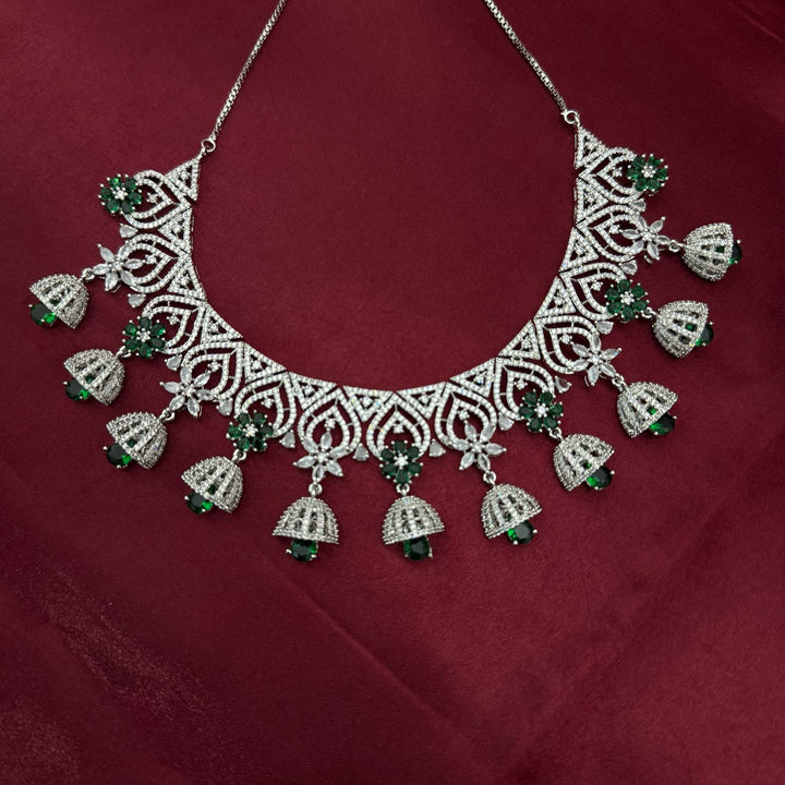Emerald Stone American Diamond Necklace Set