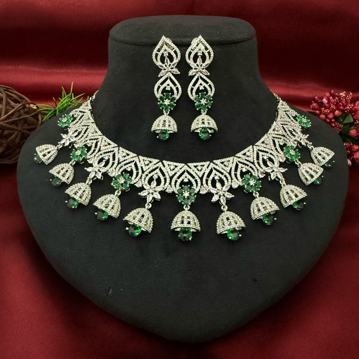 Emerald Stone American Diamond Necklace Set