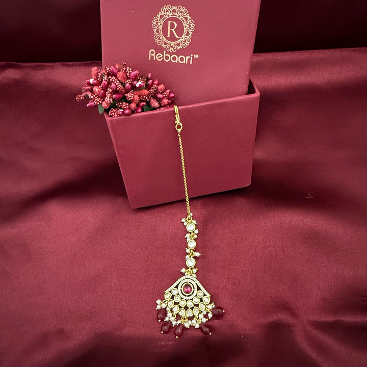 Gold Plated Kundan Beaded Pearl Drop Maang Tikka