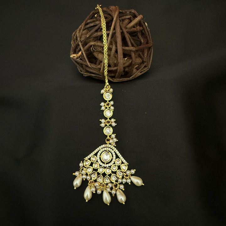 Gold Plated Kundan Beaded Pearl Drop Maang Tikka