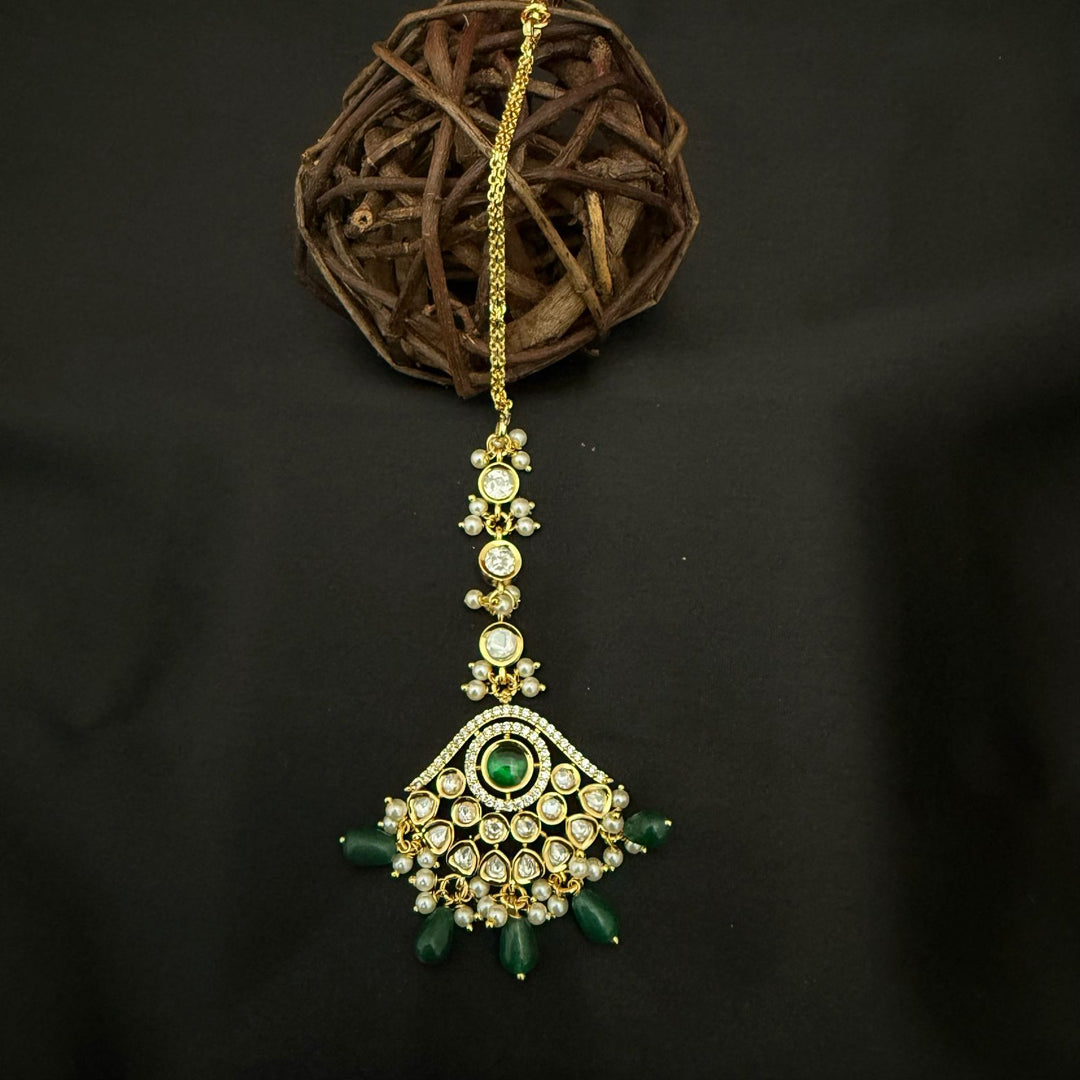 Gold Plated Kundan Beaded Pearl Drop Maang Tikka