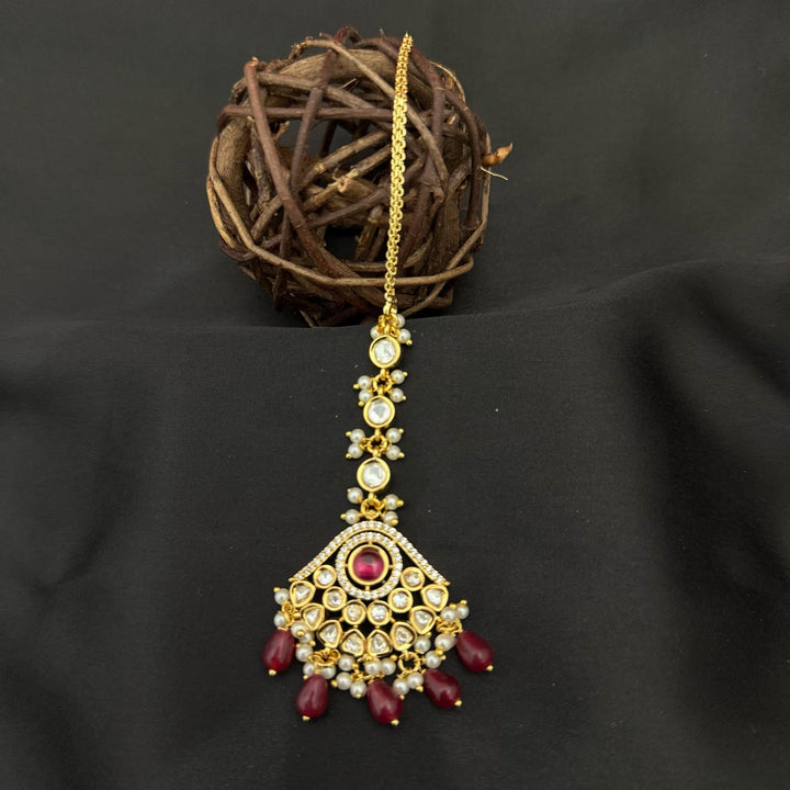 Gold Plated Kundan Beaded Pearl Drop Maang Tikka