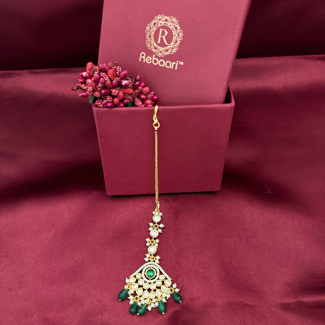 Gold Plated Kundan Beaded Pearl Drop Maang Tikka