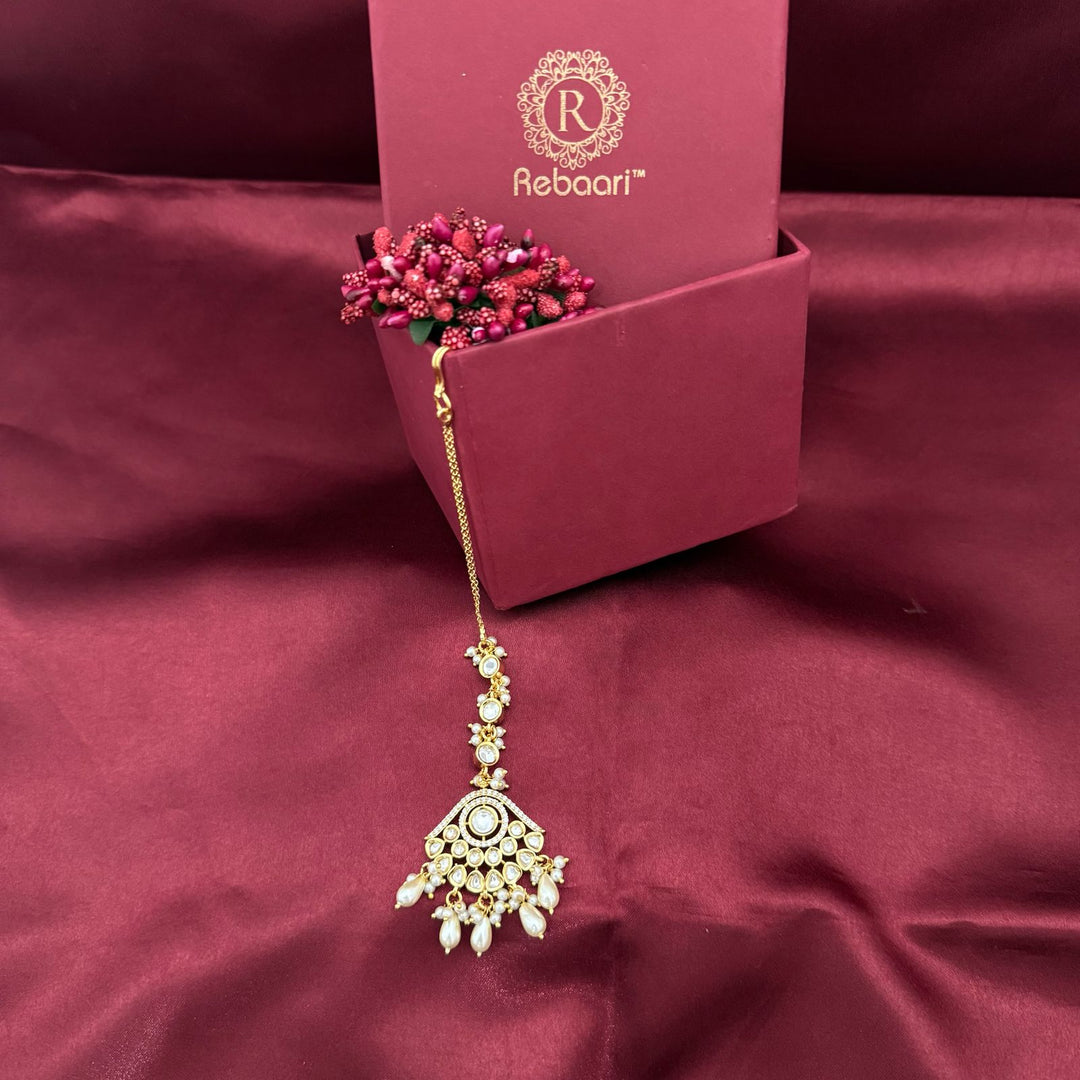 Gold Plated Kundan Beaded Pearl Drop Maang Tikka
