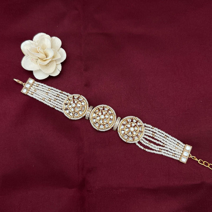Gold Finish Kundan Polki & Pearl Bracelet