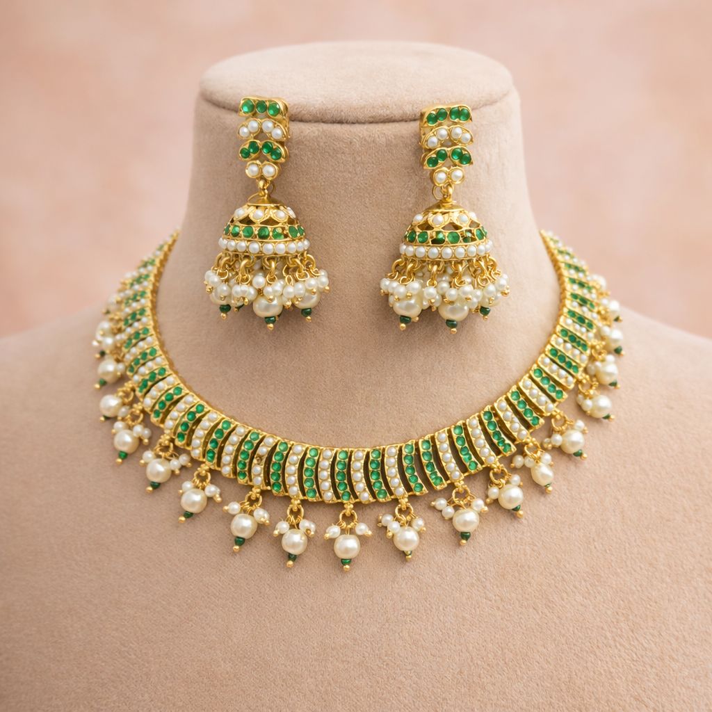 Elegant gold plated pearl choker necklace set with jhumka earrings