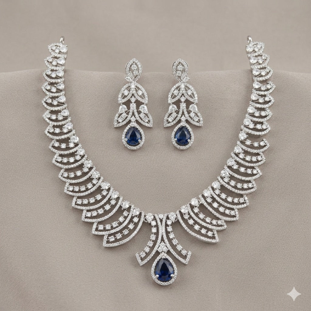 Elegant Silver-Polished American Diamond Necklace Set