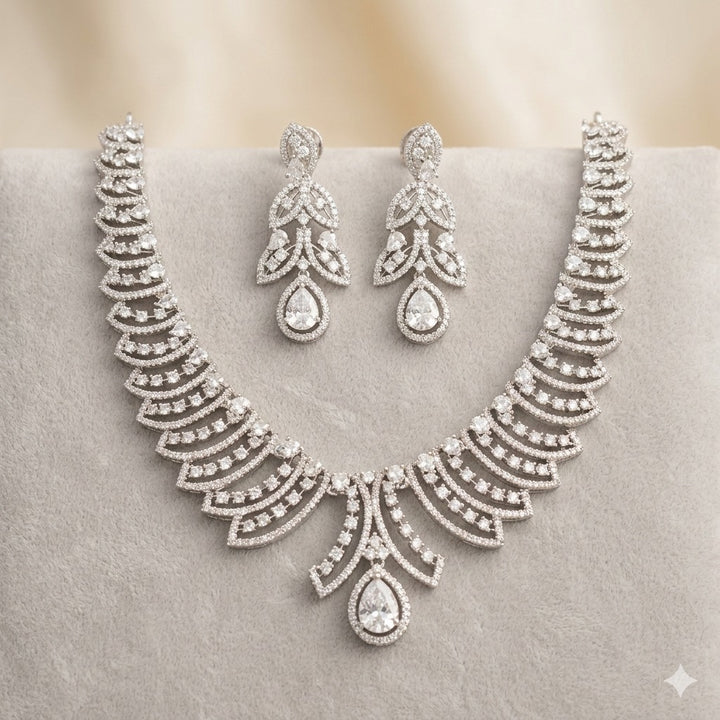 Elegant Silver-Polished American Diamond Necklace Set