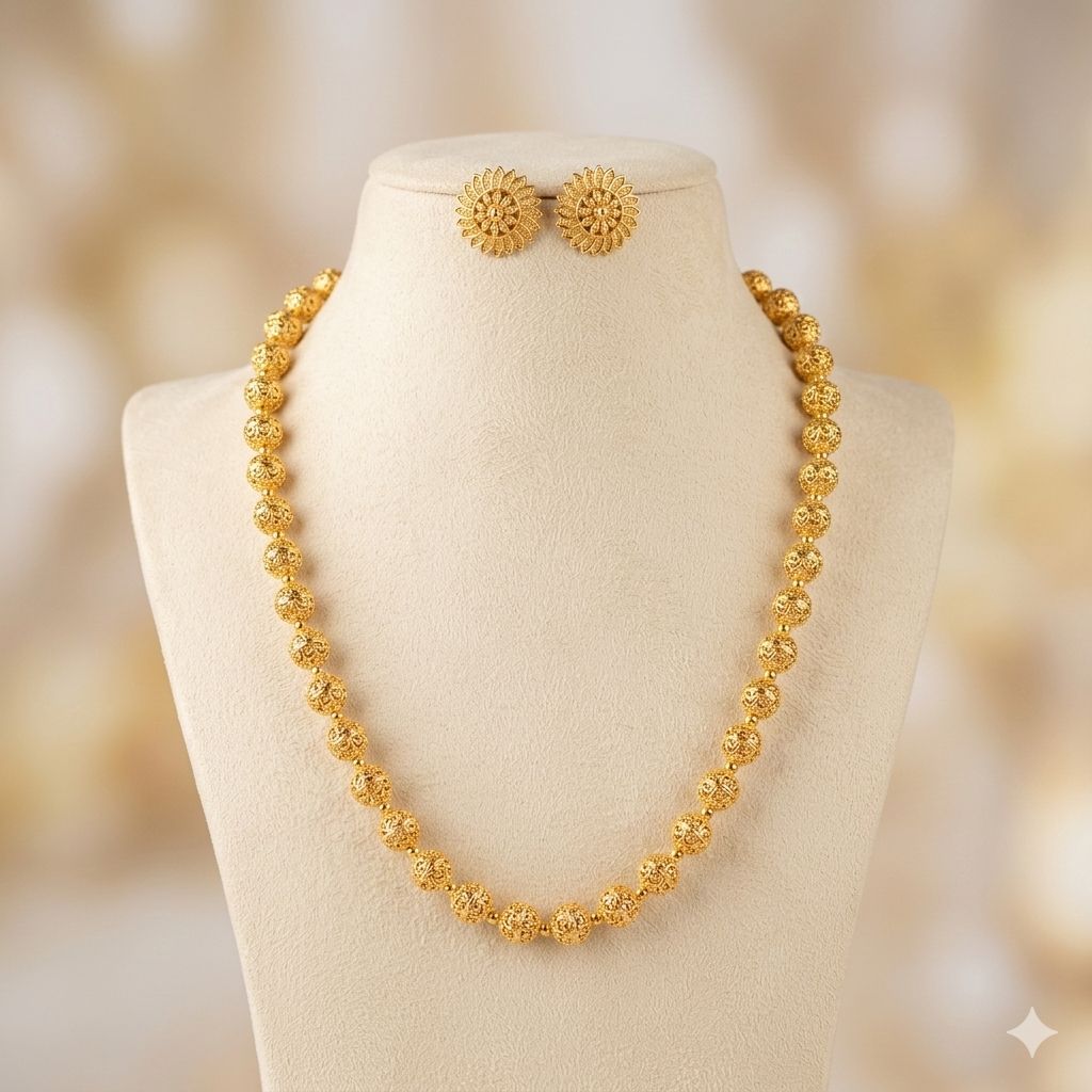 Classic Gold Bead Necklace Set with Studs