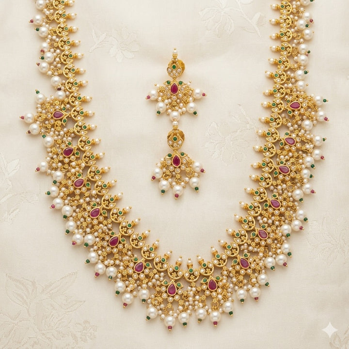 Gold Plated Designer Red-Green Long Necklace Set
