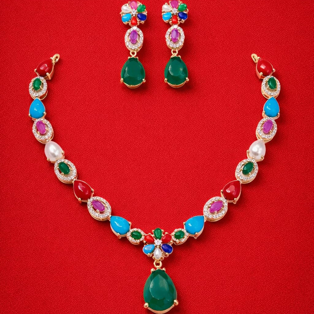 GOLD PLATED NAVRATAN NECKLACE SET FOR WOMEN