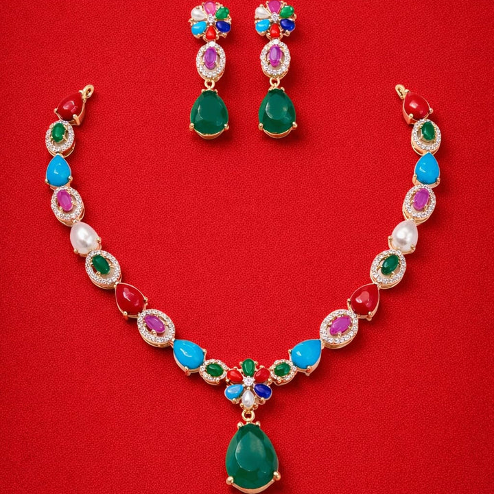 GOLD PLATED NAVRATAN NECKLACE SET FOR WOMEN