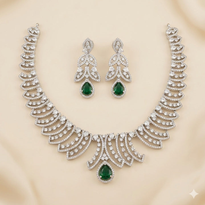Elegant Silver-Polished American Diamond Necklace Set