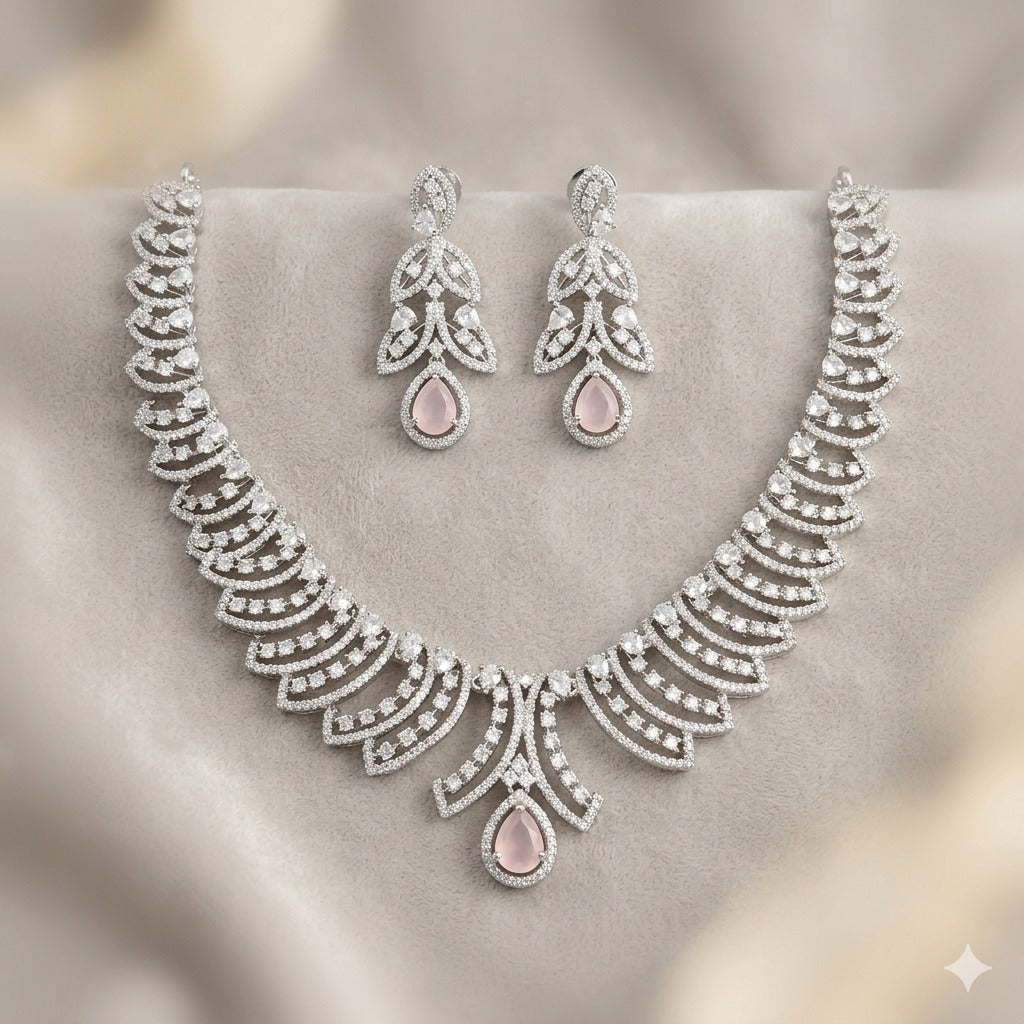 Elegant Silver-Polished American Diamond Necklace Set