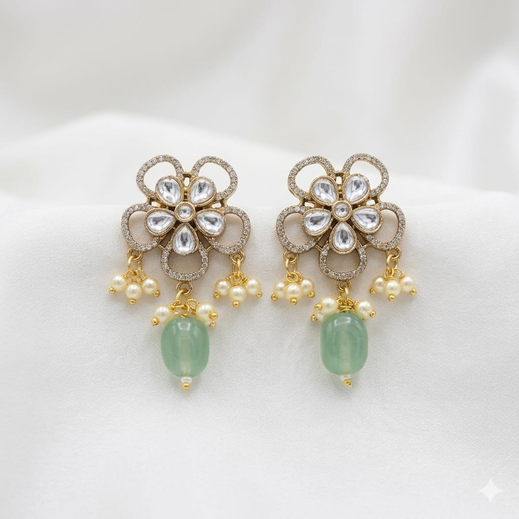 Flower Design Kundan Polki Stud Earrings
