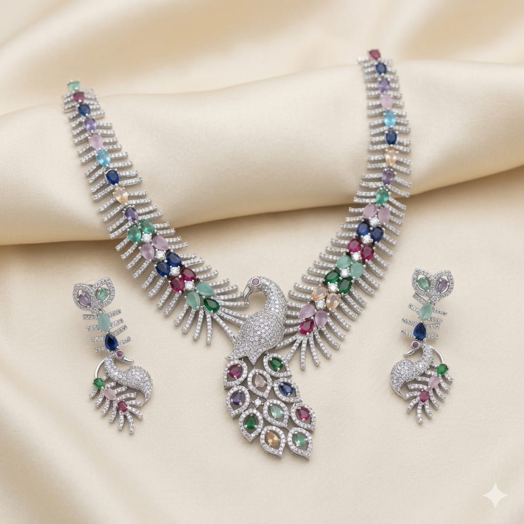 Sparkling Peacock American Diamond Necklace Set with Earrings