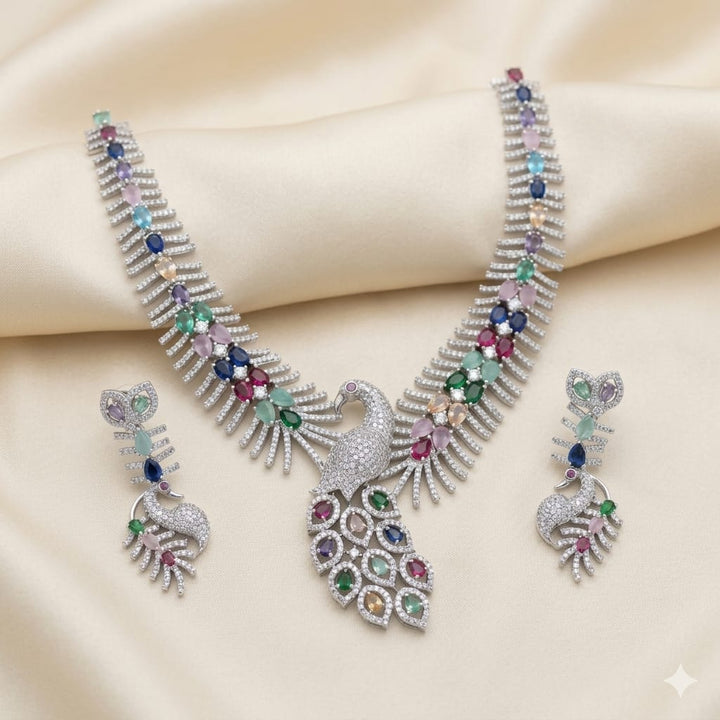 Sparkling Peacock American Diamond Necklace Set with Earrings