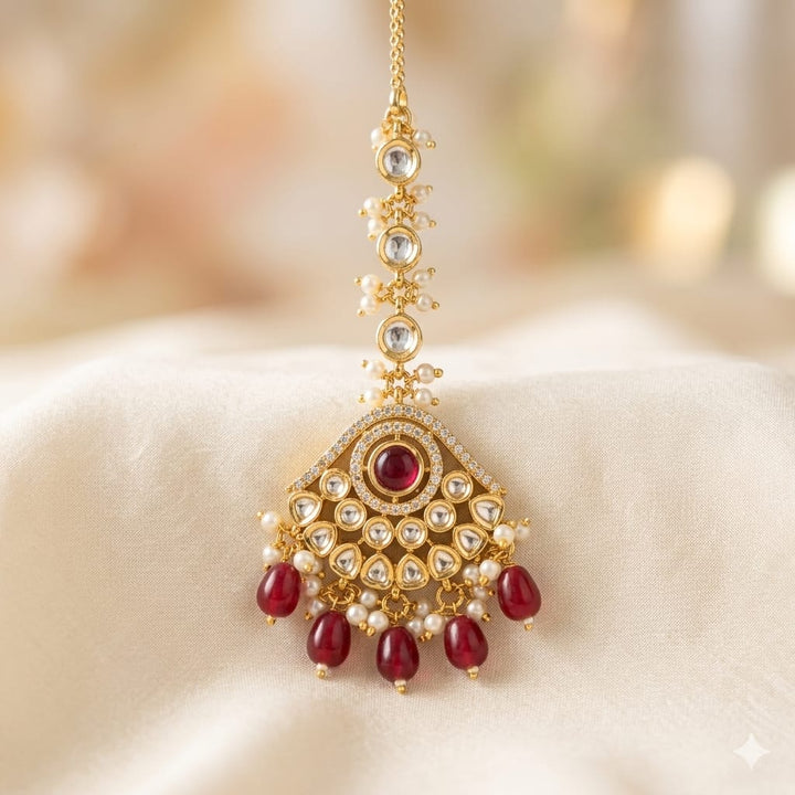 Gold Plated Kundan Beaded Pearl Drop Maang Tikka