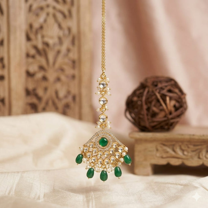 Gold Plated Kundan Beaded Pearl Drop Maang Tikka