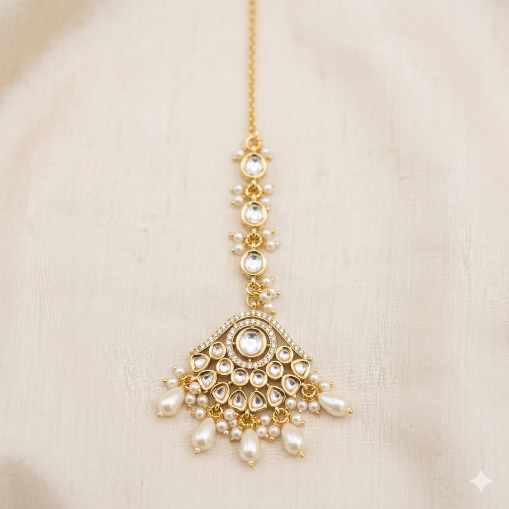 Gold Plated Kundan Beaded Pearl Drop Maang Tikka