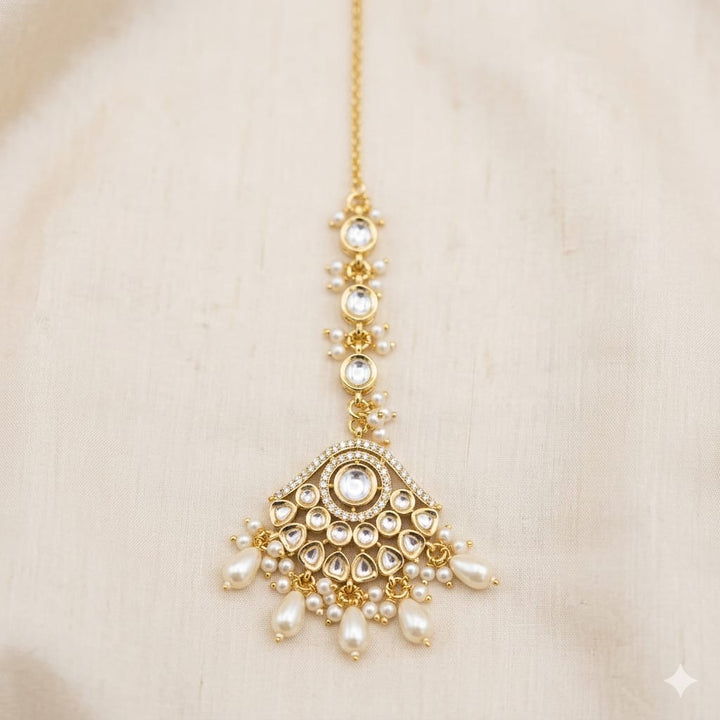 Gold Plated Kundan Beaded Pearl Drop Maang Tikka