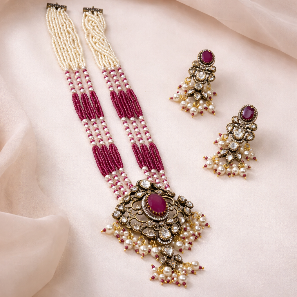 Polki Pendant with Beads Mala