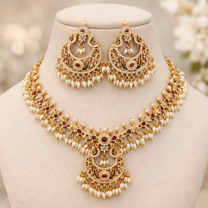 Women Stone-Studded Necklace & Earrings Set
