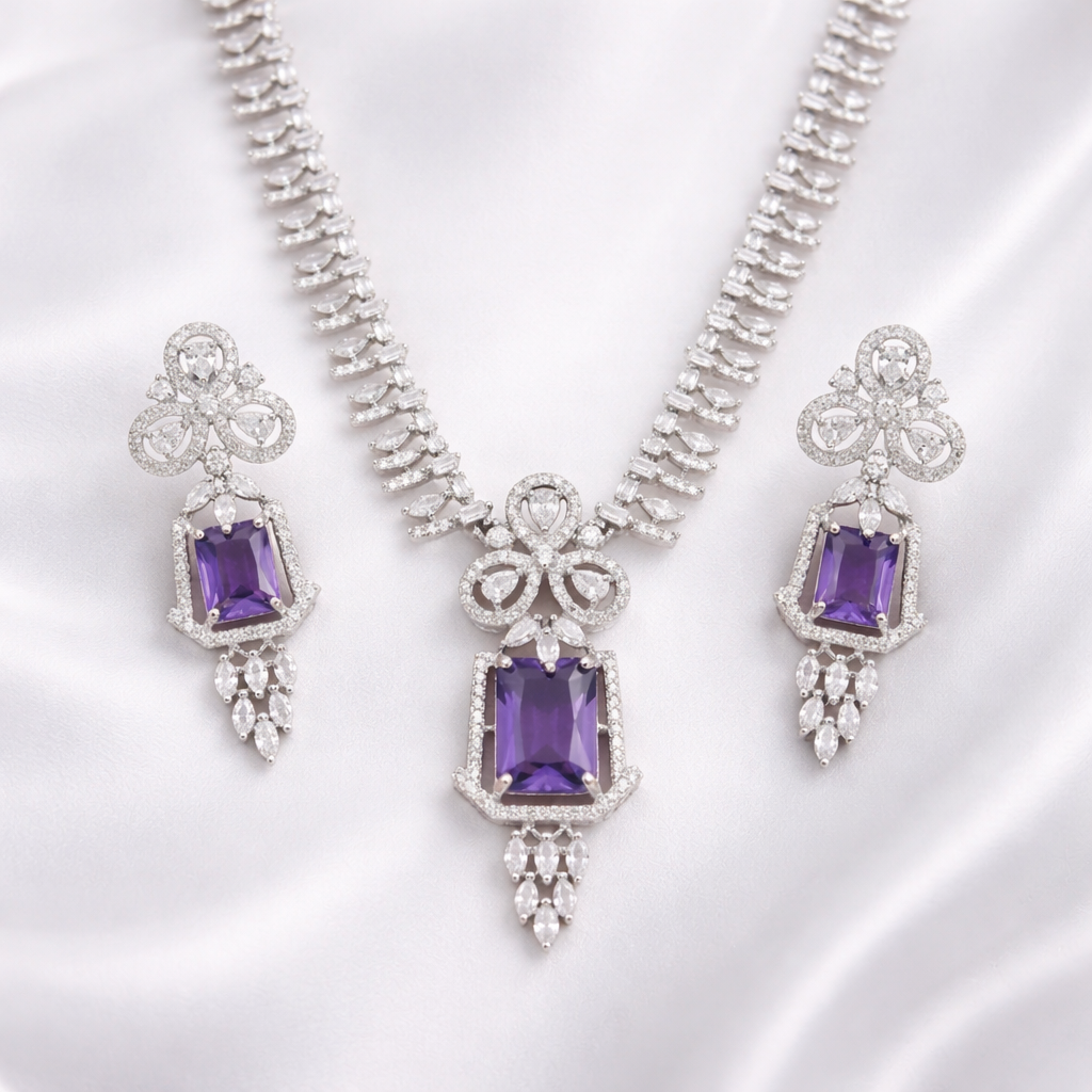 Silver Plated Green American Diamond Necklace Set