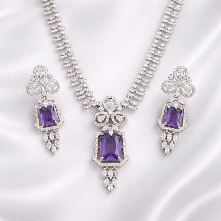 Silver Plated Green American Diamond Necklace Set