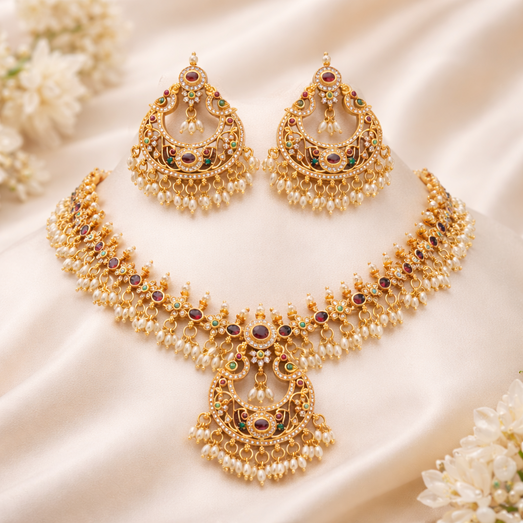 Women Stone-Studded Necklace & Earrings Set