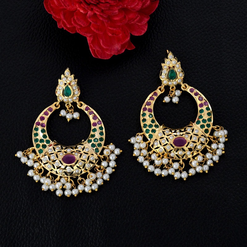 Gold Plated Kundan Polki & Pearls Chandbali Earrings Design by Zevar By  Geeta at Pernia's Pop Up Shop 2024