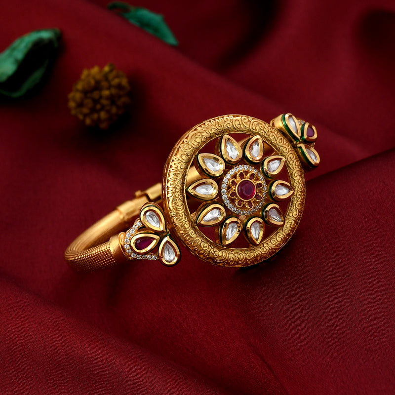 Red Colour Gold Plated Kundan Bracelet