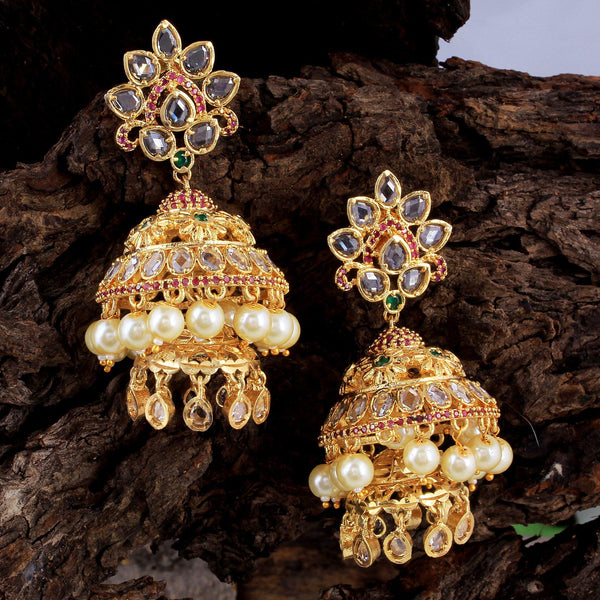 White Stone Jhumkas with Double Layer Beads - South India Jewels